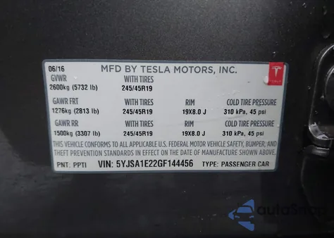 2016 Tesla Model S 60D/70D/75D/85D/90D z USA, uszkodzony, nr VIN 5YJSA1E22GF144456